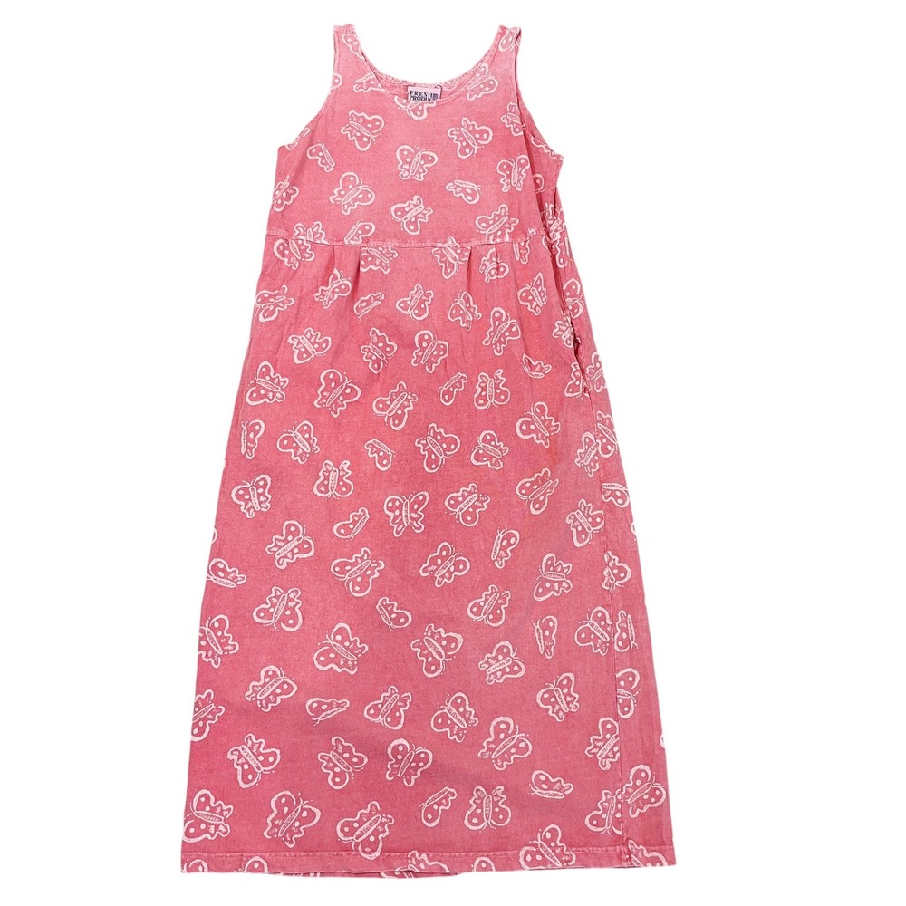Vintage Fresh Produce Pink Butterfly Print Cotton Maxi Dress Pockets USA MEDIUM